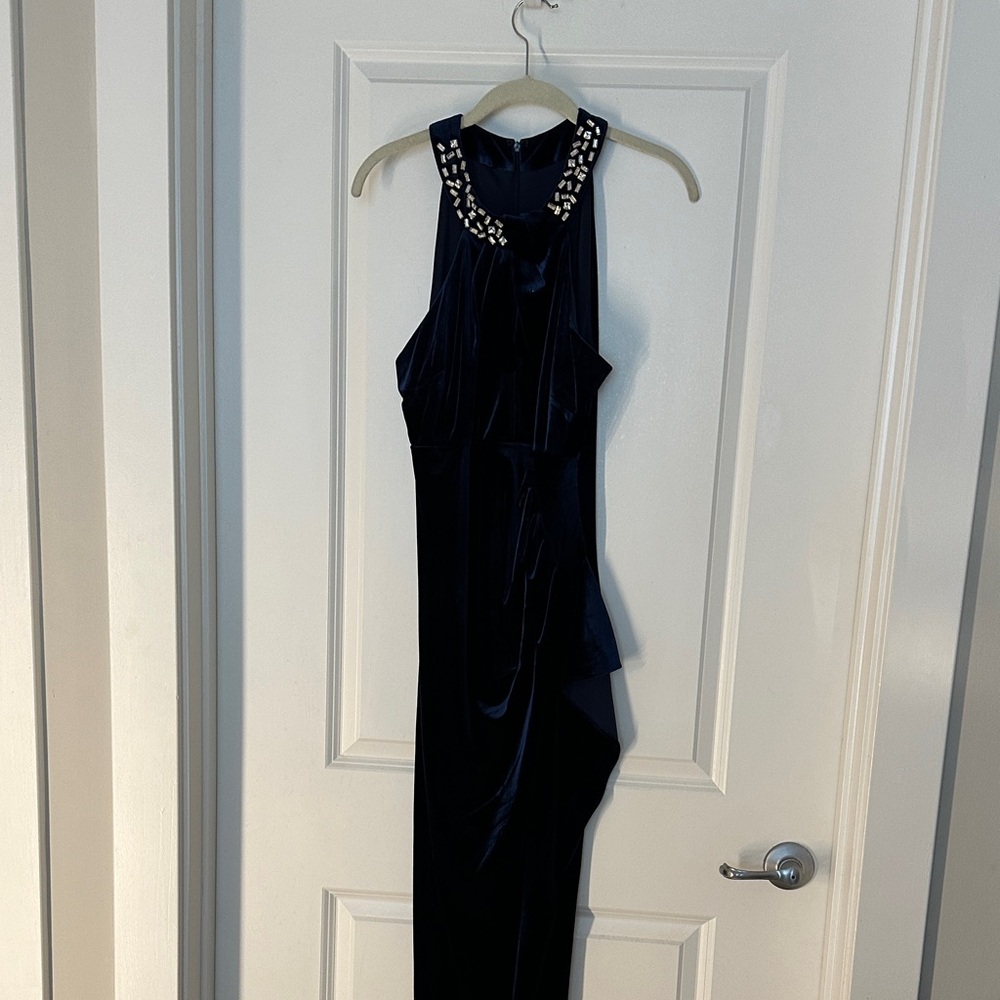 Macy's Navy Asymmetrical Dress with Embellished Neckline